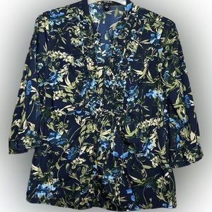💥Floral Blouse Woman’s Detailed Bodice Erika Button Up 3/4 Sleeves Blue Size Med